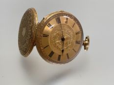 An 18ct gold open face pocket watch, with key-wind movement (lacking key), the gilt dial and chapter