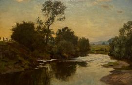 Duncan Cameron (Scottish, 1837-1916), Fisherman on a River Bank, Evening, signed lower right, oil on