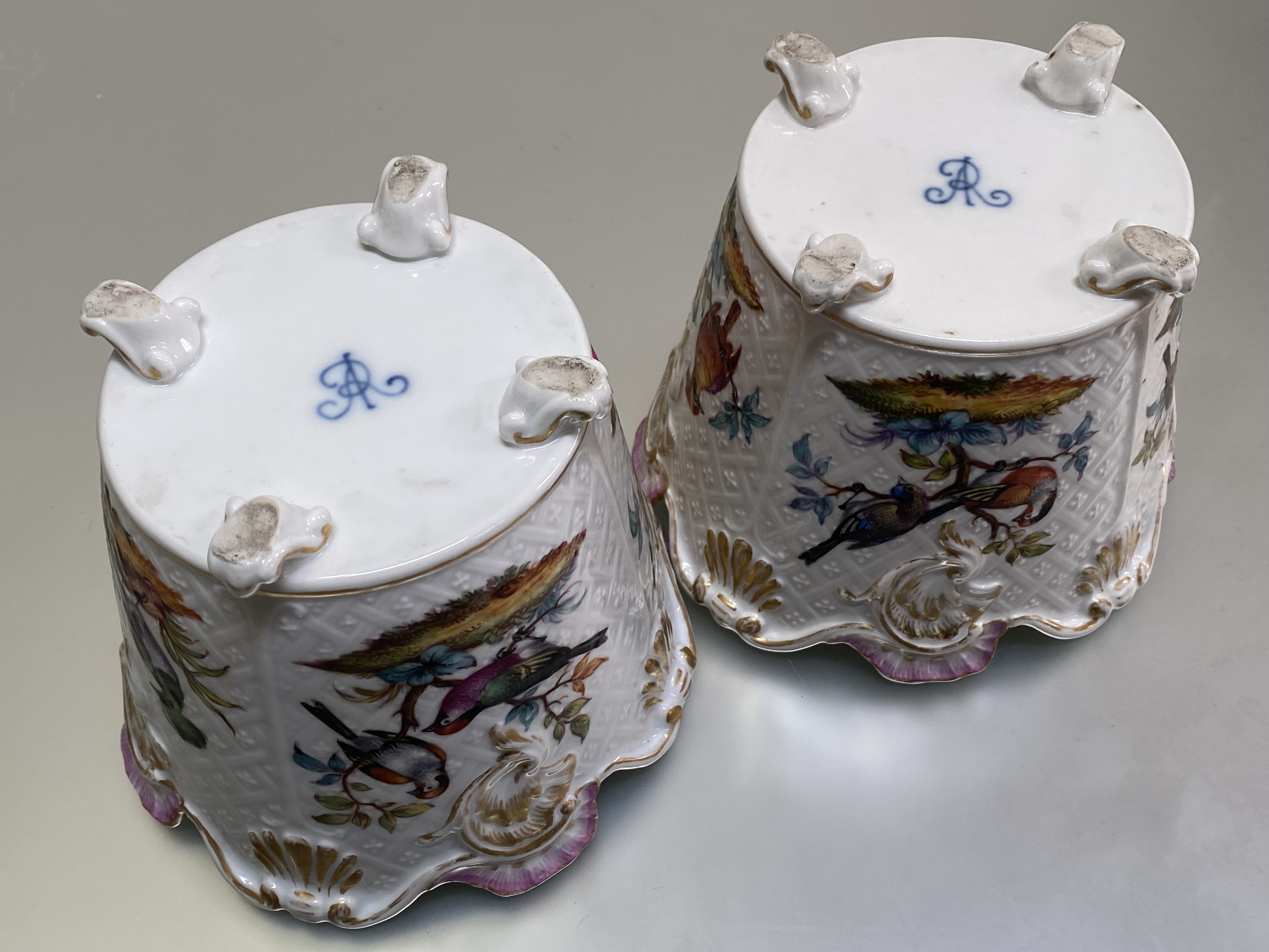 A pair of large Dresden porcelain cachepots in the Meissen taste, c. 1900, each with scalloped - Image 3 of 4