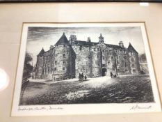 W P Vannet, Dudhope Castle Dundee, etching, signed bottom right, paper label verso, measures 17cm