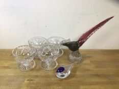 A mixed group of glass including a Murano style exotic bird with exaggerated tail feather,