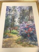 La Mont, flowers in forest, watercolour, signed bottom right, measures 34cm x 23cm