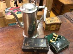 A mixed lot including polished metal coffee pot, measures 23cm high, a pair of opera glasses,