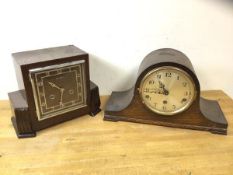A 1920's tambour oak style mantel clock with metal dial, measures 22cm x 39cm x 15cm and another Art