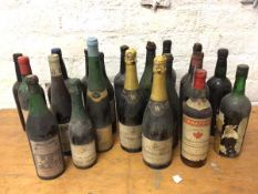 A collection of vintage wines, various fill levels, including Whighams Reserve champagne,