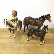 A group of Beswick figures including a native American in headdress on horseback, measures 22cm