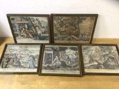 A set of five 18thc coloured engravings depicting biblical scenes, with Latin text to bottom,