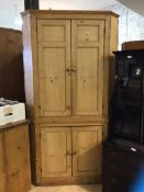 A 19thc pine floor standing corner cupboard the projecting cornice above two panelled doors