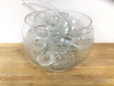 An etched glass punch bowl with leaf and fruit vine decoration, measures 20cm high x 28cm, chip to