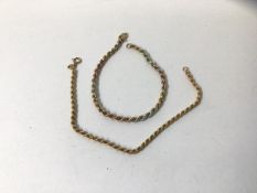 Two rope link bracelets, one three tone, both marked 9k, measures 17cm when open, combined weight of