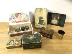 A mixed lot including vintage tins, cigar box, photographs etc (a lot)