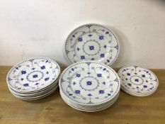 A set of china with Danish pattern including six dinner plates with Furnival's inscribed verso,