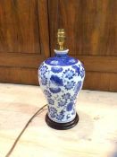 A John Lewis Chinese style baluster shaped blue and white table lamp, measures 39cm to top of lamp
