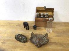 A mixed lot including an Edwardian travelling toiletry bottle case with four square glass bottles