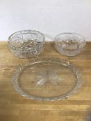 Two glass bowls, larger measures 10cm x 20cm diameter, and a tray (3)
