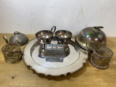 A mixed lot of Epns including a milk jug and creamer, a tray with scalloped edge measures 30cm