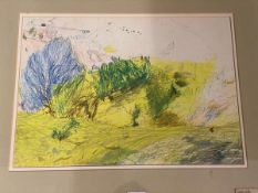 Thora Clyne (Scottish, b1937-2020), landscape South of France, crayon, paper label bottom right and