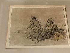 20thc School, Two Figures Seated, pencil sketch, framed, measures 18cm x 24cm