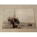 19thc School, Fisherwomen tending nets near boat, watercolour, measures 18cm x 26cm