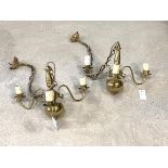 A pair of Dutch style brass three branch chandeliers, with scrolled arms and faux candles, H31cm,