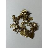 A charm bracelet, chain marked 9k, some charms marked 9k, some 18k, others unmarked and plated,