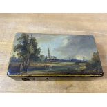 A late 18th early 19thc hinged lacquer box with painted scene of lady and child on horseback to