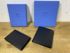 A Smythson bill fold wallet, measures 11cm x 10cm, and a card wallet, both with original boxes