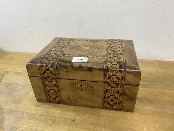 A 19thc Tunbridge Ware sewing box with fitted interior and quantity of sewing material, measures