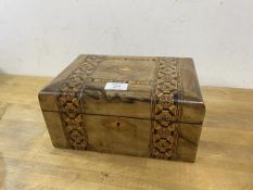 A 19thc Tunbridge Ware sewing box with fitted interior and quantity of sewing material, measures
