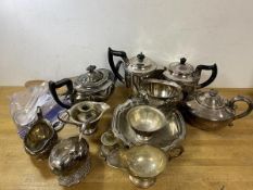 A mixed lot of Epns including teapots, coffee pot, milk jugs, spoon warmer, footed bowl, spoons, etc