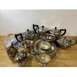 A mixed lot of Epns including teapots, coffee pot, milk jugs, spoon warmer, footed bowl, spoons, etc