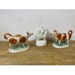 Two early to mid 19thc cow creamers, one lacking top, taller measures 12cm high, and a bud vase in