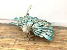 A painted metal model of a peacock, H54cm