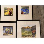 A collection of four Austrian screen prints, three with Alpine scenes and figures, the other figures