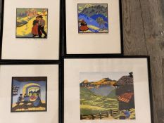 A collection of four Austrian screen prints, three with Alpine scenes and figures, the other figures