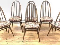 Ercol, A set of six elm dining chairs, the hoop and spindle back over saddle seats with squab