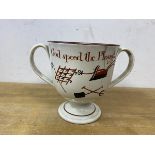 An early 19thc pearlware two handled footed cup, inscription God Speed The Plough, decorated with