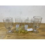 Two 19thc etched wine glasses, tallest measures 15cm high, five tumblers, and a vaseline glass two-