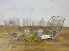 Two 19thc etched wine glasses, tallest measures 15cm high, five tumblers, and a vaseline glass two-