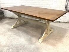 A Large traditional cherry and cream painted refectory style extending dining table, the top with