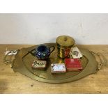 A mixed lot including an early 20thc brass tray with two raised pierced handles, measures 60cm x