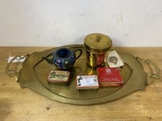 A mixed lot including an early 20thc brass tray with two raised pierced handles, measures 60cm x