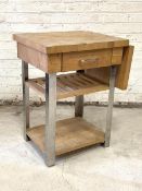 A modern beech butchers block type side table, the top with drop leaf to side, over a drawer and two