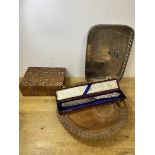 A mixed lot including a two handled wooden tray with floral carved edge, measures 30cm diameter, a