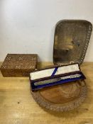 A mixed lot including a two handled wooden tray with floral carved edge, measures 30cm diameter, a
