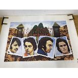 A Beatles coaster depicting portraits of each Beatle before gates of Strawberry Fields, by Maurice