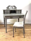 A Late Victorian grey painted writing desk, the later raised pediment above a super structure fitted