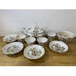 A 19thc 14pc teaset with teapot, measures 15cm high, four teacups, eight saucers, a bowl, all with