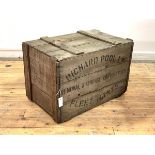 A boarded pine storage crate with hinged top, inscribed Richard Pool Ltd, Removal and Storage