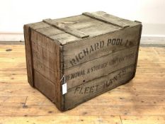 A boarded pine storage crate with hinged top, inscribed Richard Pool Ltd, Removal and Storage
